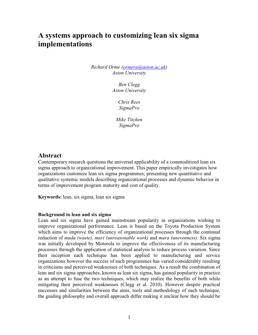 A Systems Approach to Customizing Lean Six Sigma Implementations