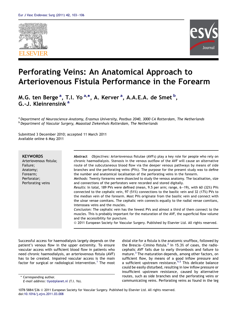 Perforating Veins: an Anatomical Approach to Arteriovenous Fistula Performance in the Forearm