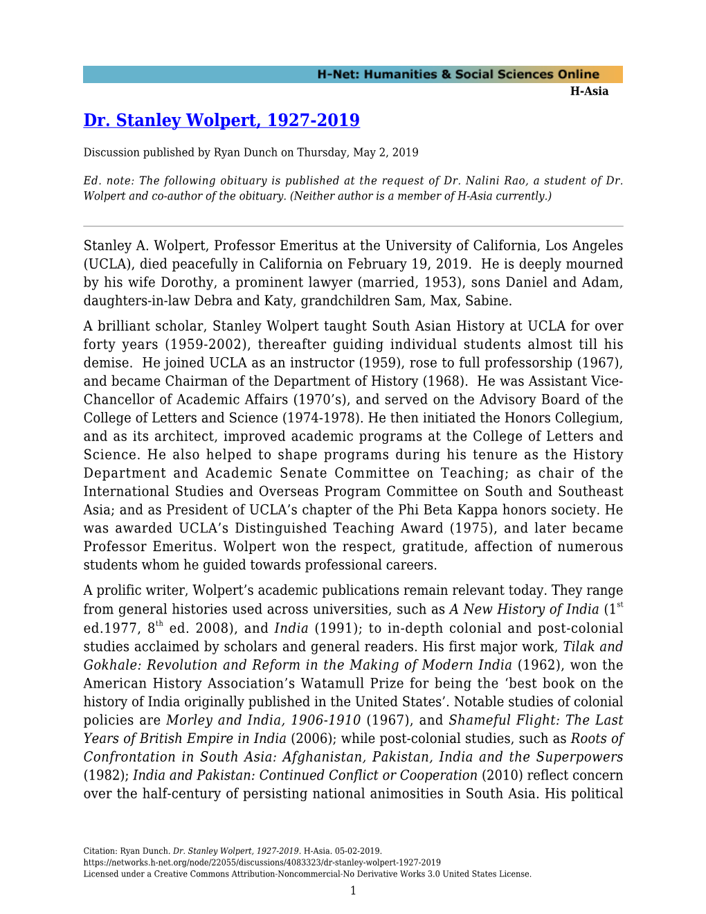 Dr. Stanley Wolpert, 1927-2019