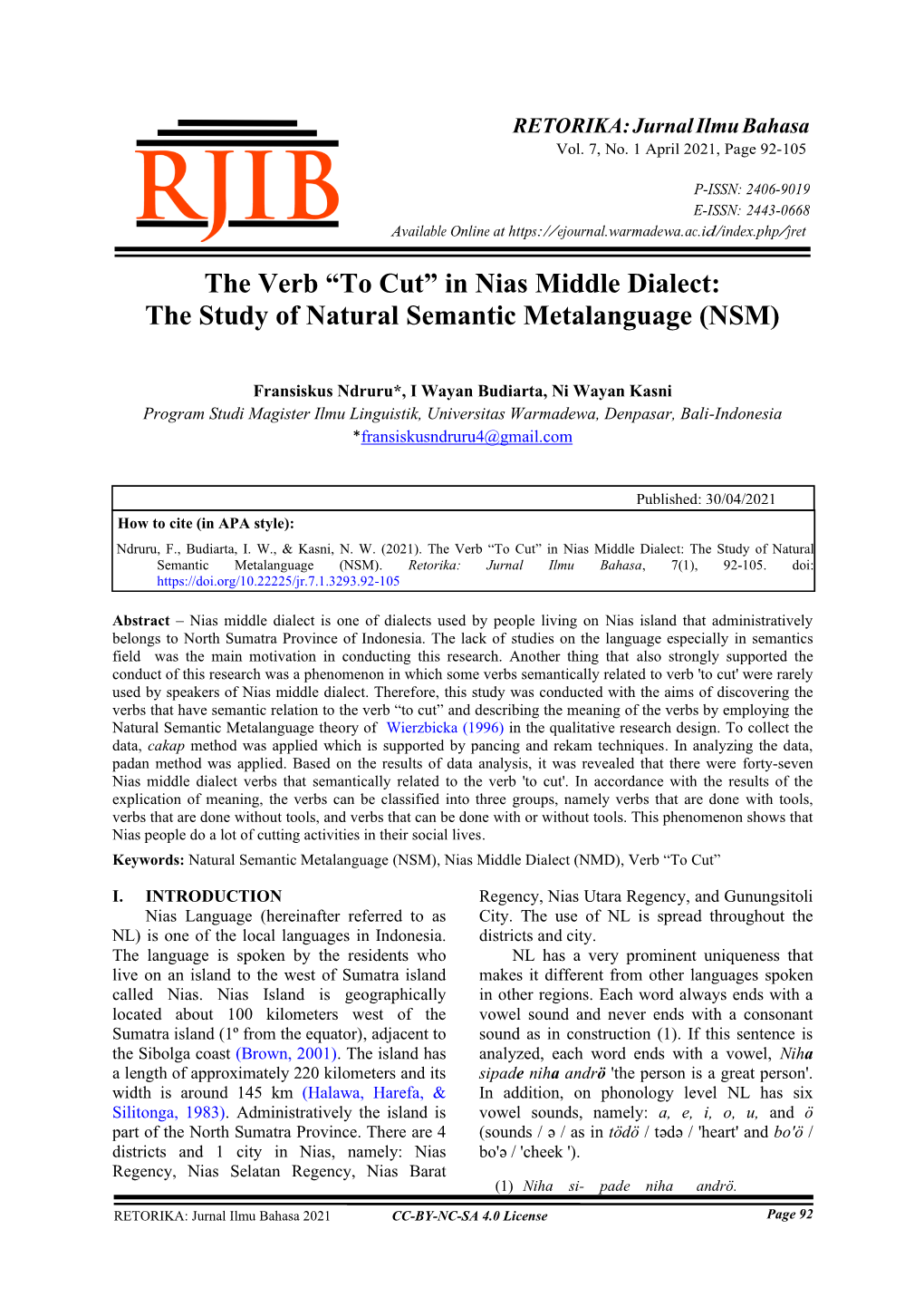 In Nias Middle Dialect: the Study of Natural Semantic Metalanguage (NSM)