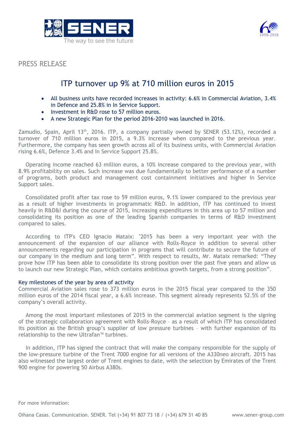 ITP Turnover up 9% at 710 Million Euros in 2015