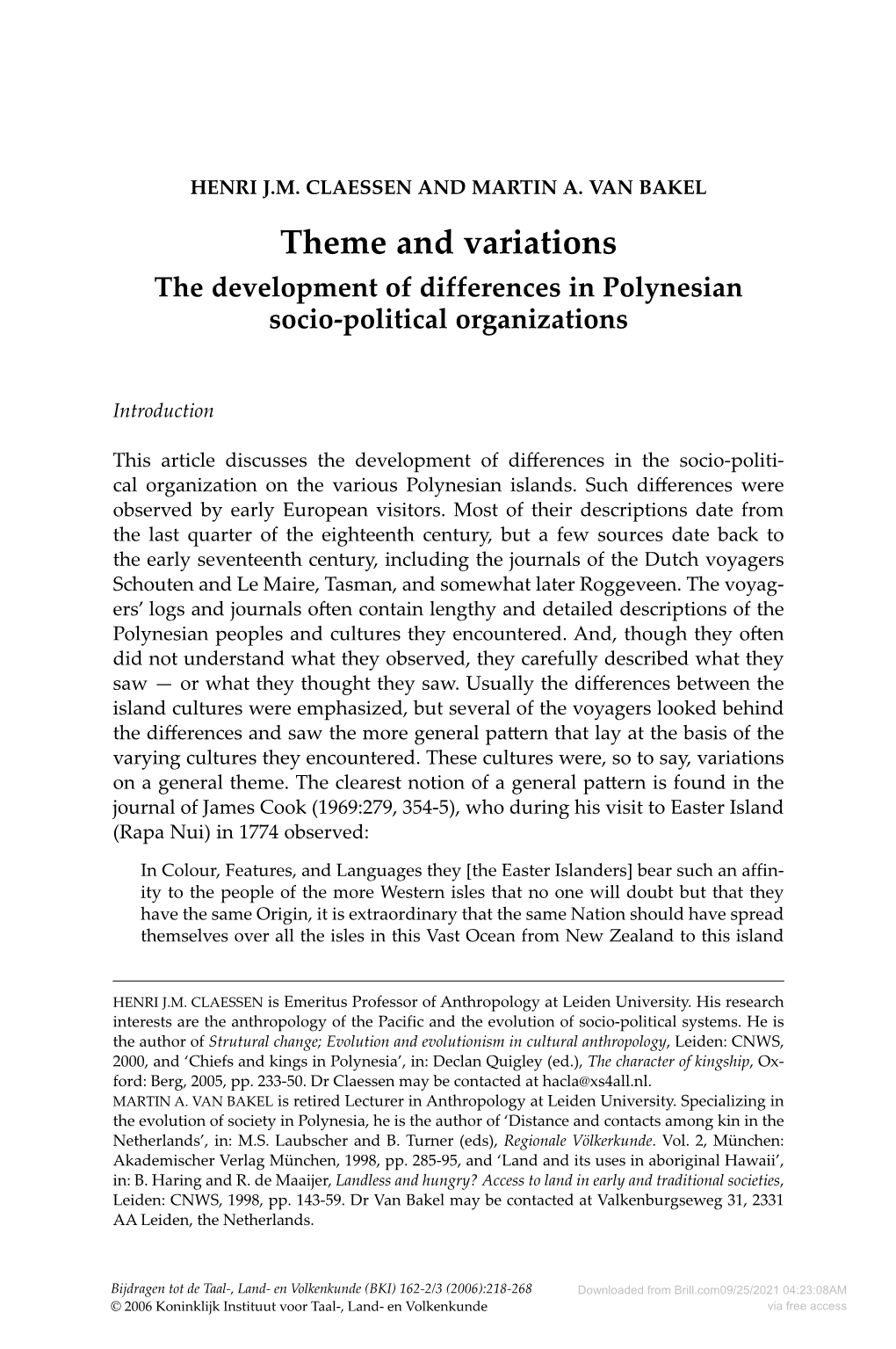 Downloaded from Brill.Com09/25/2021 04:23:08AM © 2006 Koninklijk Instituut Voor Taal-, Land- En Volkenkunde Via Free Access Theme and Variations 219