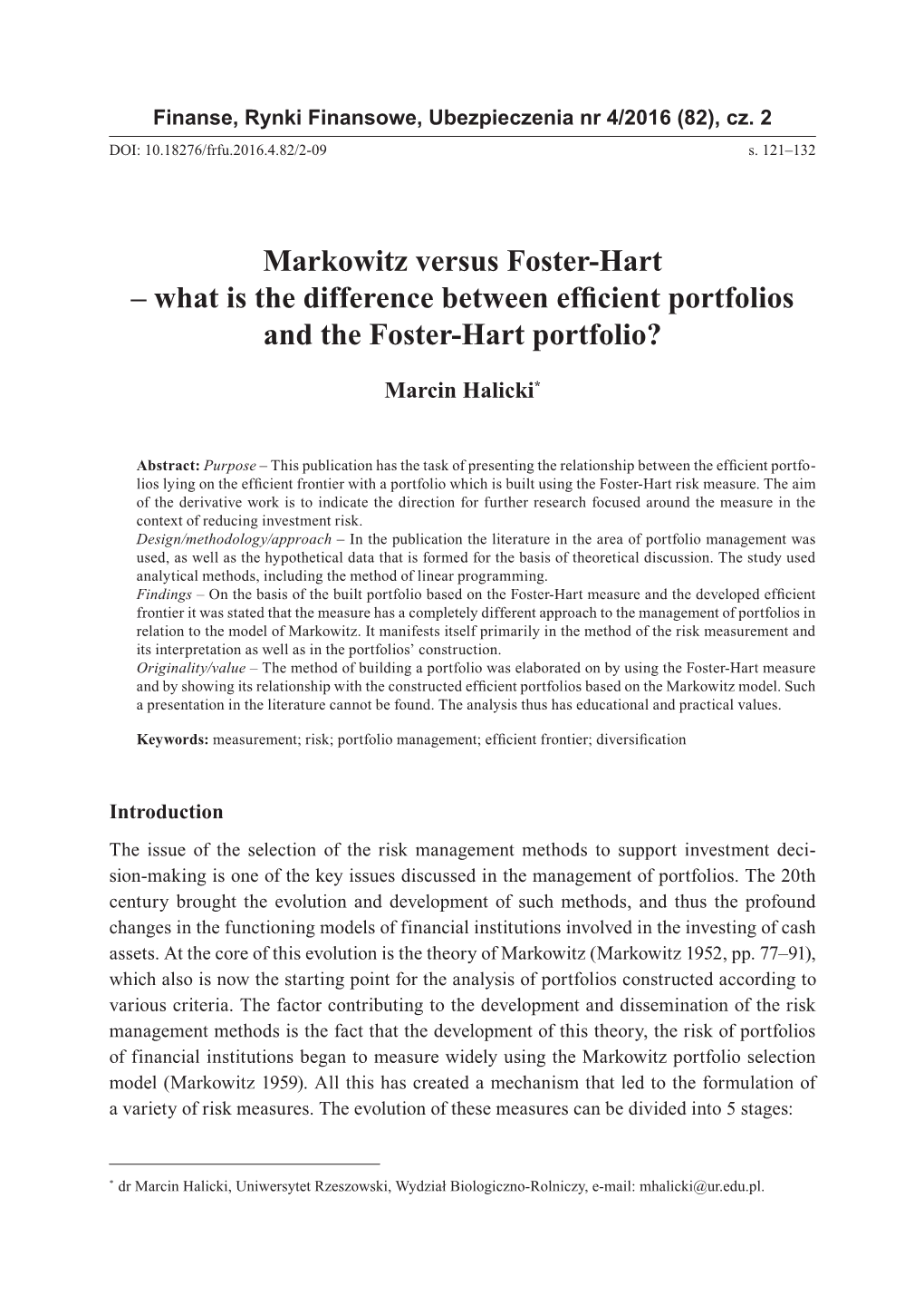 Markowitz Versus Foster-Hart – What Is the Difference Between Efficient Portfolios and the Foster-Hart Portfolio?