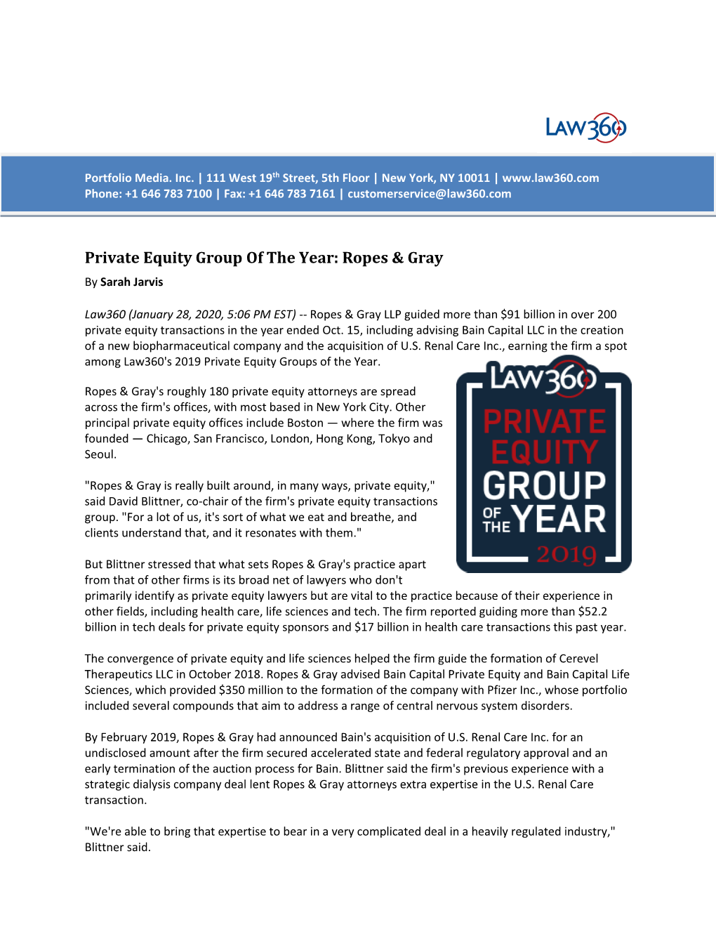 Private Equity Group of the Year: Ropes & Gray by Sarah Jarvis