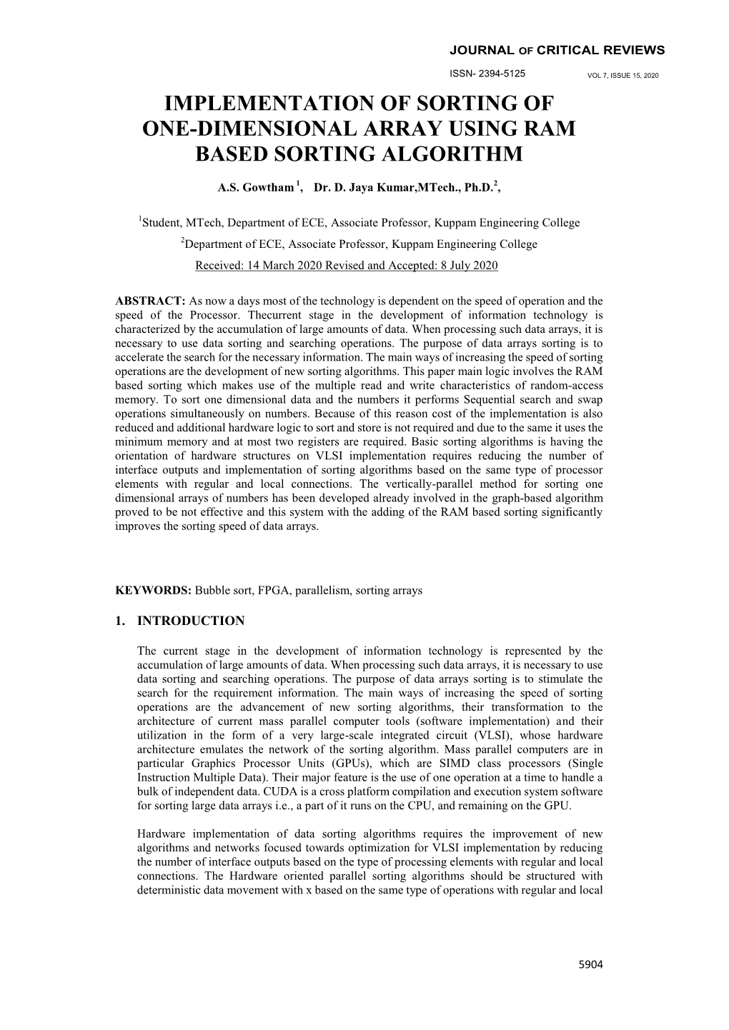 Implementation of Sorting of One-Dimensional Array Using Ram Based Sorting Algorithm