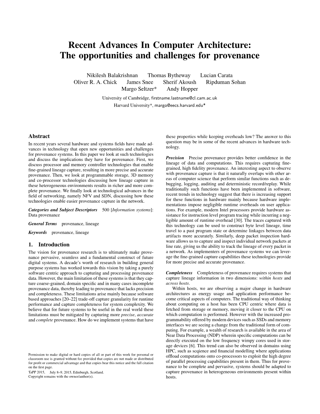 Recent Advances in Computer Architecture: the Opportunities and Challenges for Provenance