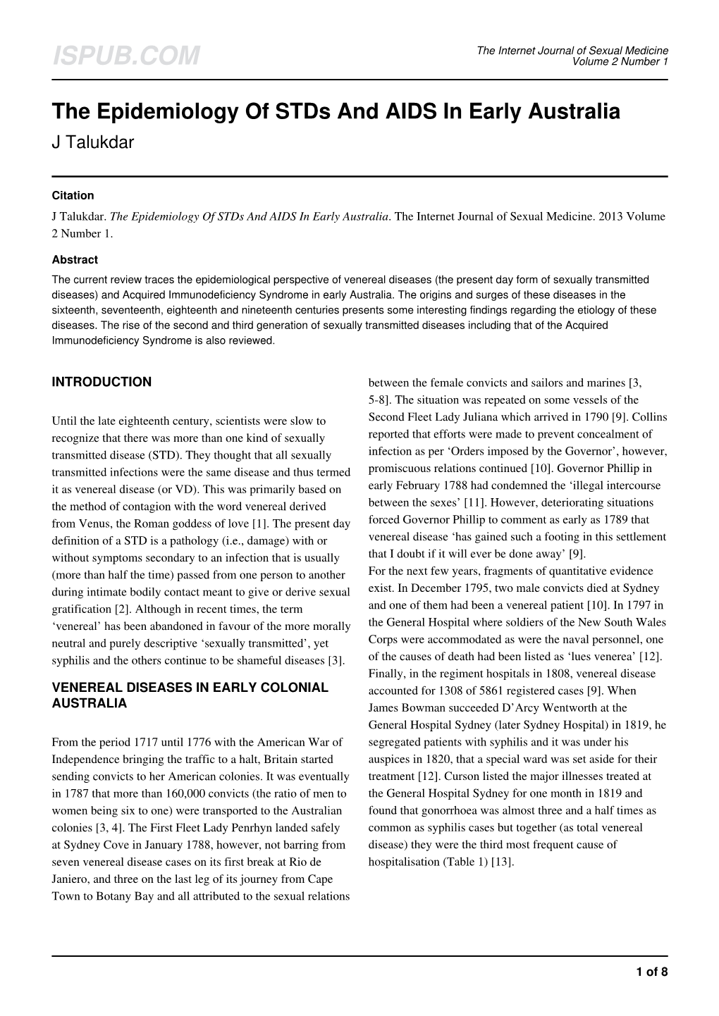 The Epidemiology of Stds and AIDS in Early Australia J Talukdar