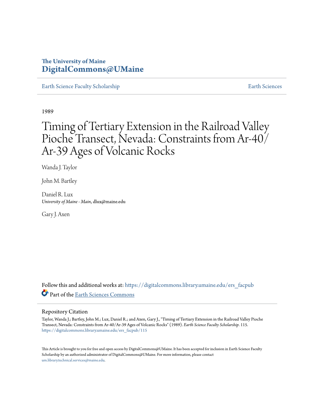 Timing of Tertiary Extension in the Railroad Valley Pioche Transect, Nevada: Constraints from Ar-40/ Ar-39 Ages of Volcanic Rocks Wanda J