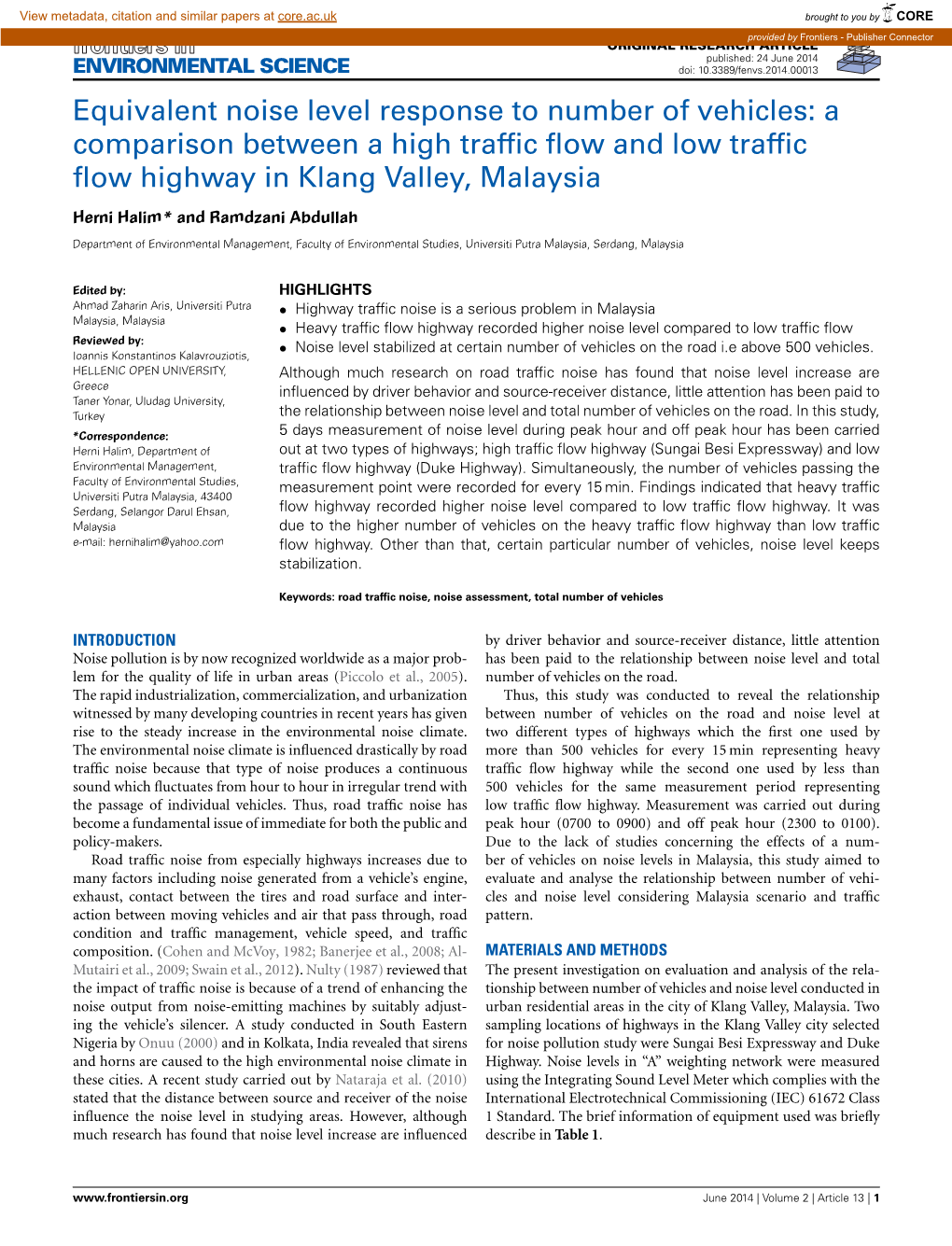 Equivalent Noise Level Response to Number of Vehicles: a Comparison Between a High Trafﬁc ﬂow and Low Trafﬁc ﬂow Highway in Klang Valley, Malaysia