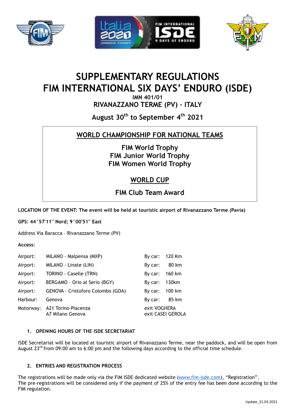 Supplementary Regulations Fim International Six Days' Enduro