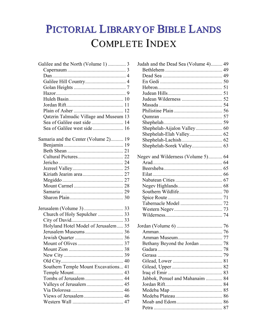 Pictorial Library of Bible Lands Complete Index