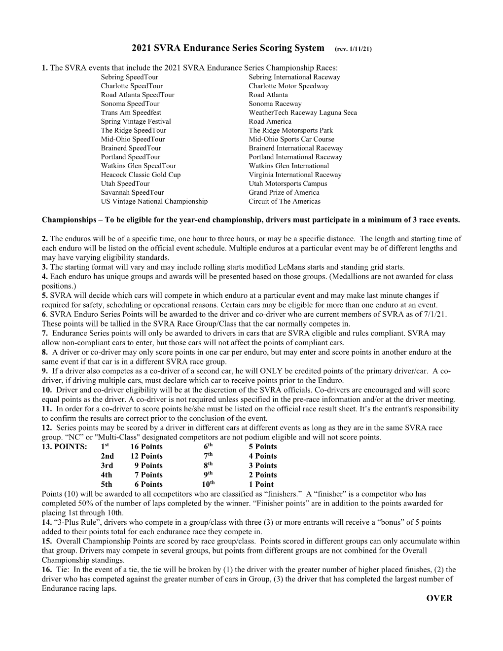 2021 SVRA Endurance Series Scoring System (Rev. 1/11/21)