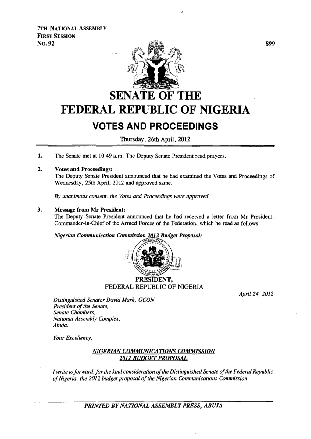 SENATE of the FEDERAL REPUBLIC of NIGERIA VOTES and PROCEEDINGS Thursday, 26Th April, 2012