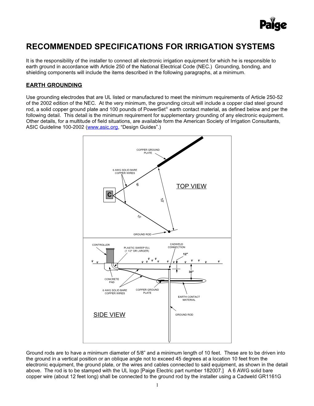 Recommended Earth Grounding Specifications