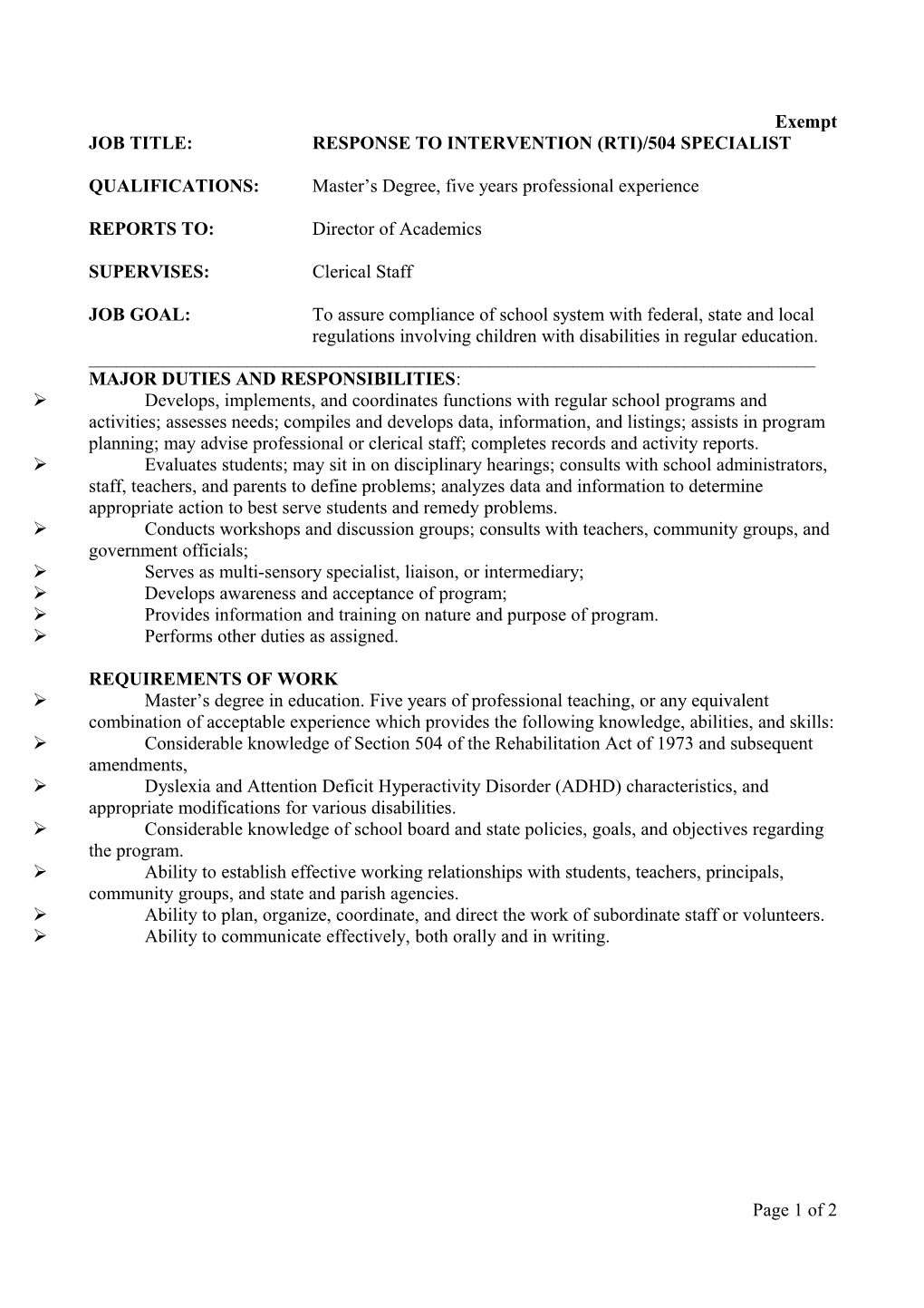 Job Title: Response to Intervention (Rti)/504 Specialist