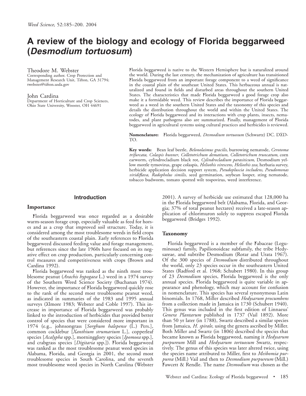 A Review of the Biology and Ecology of Florida Beggarweed (Desmodium Tortuosum)