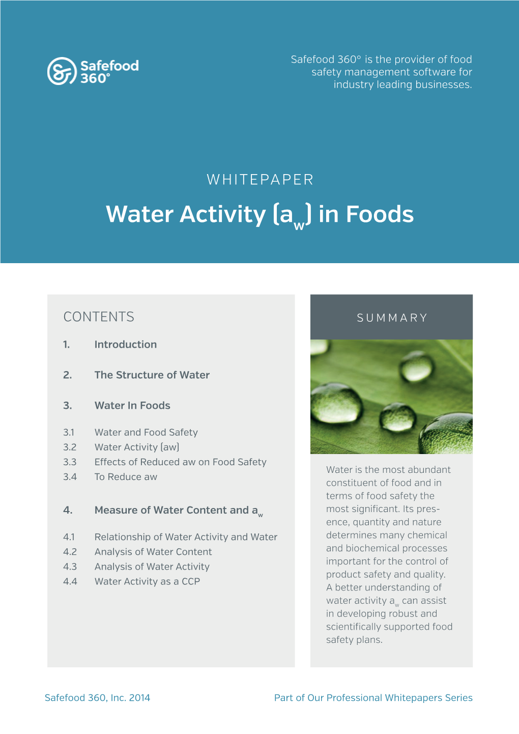 Water Activity (A ) in Foods