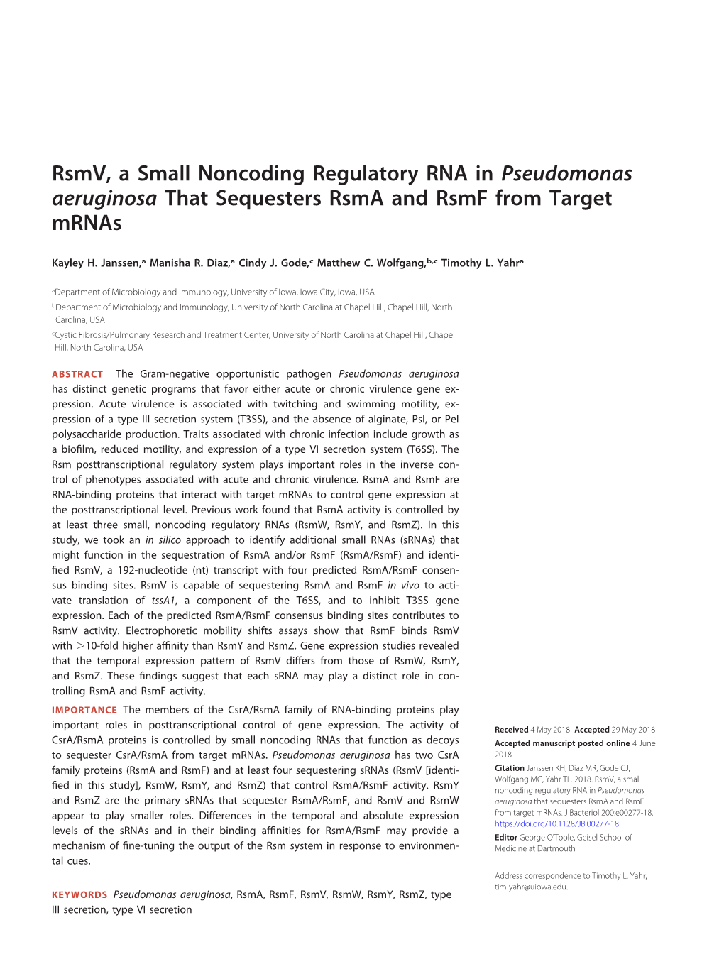 Rsmv, a Small Noncoding Regulatory RNA in Pseudomonas Aeruginosa That Sequesters Rsma and Rsmf from Target Mrnas