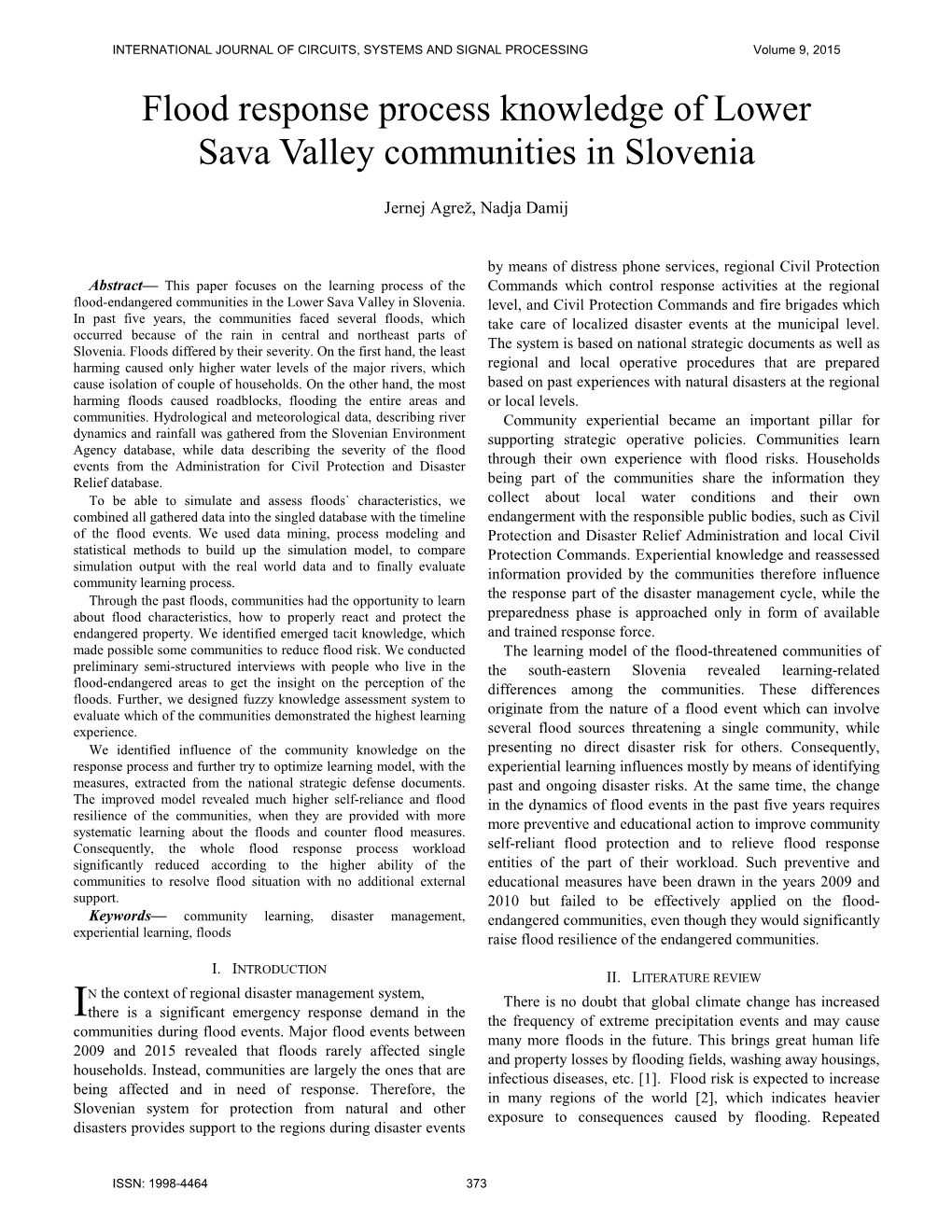 Flood Response Process Knowledge of Lower Sava Valley Communities in Slovenia