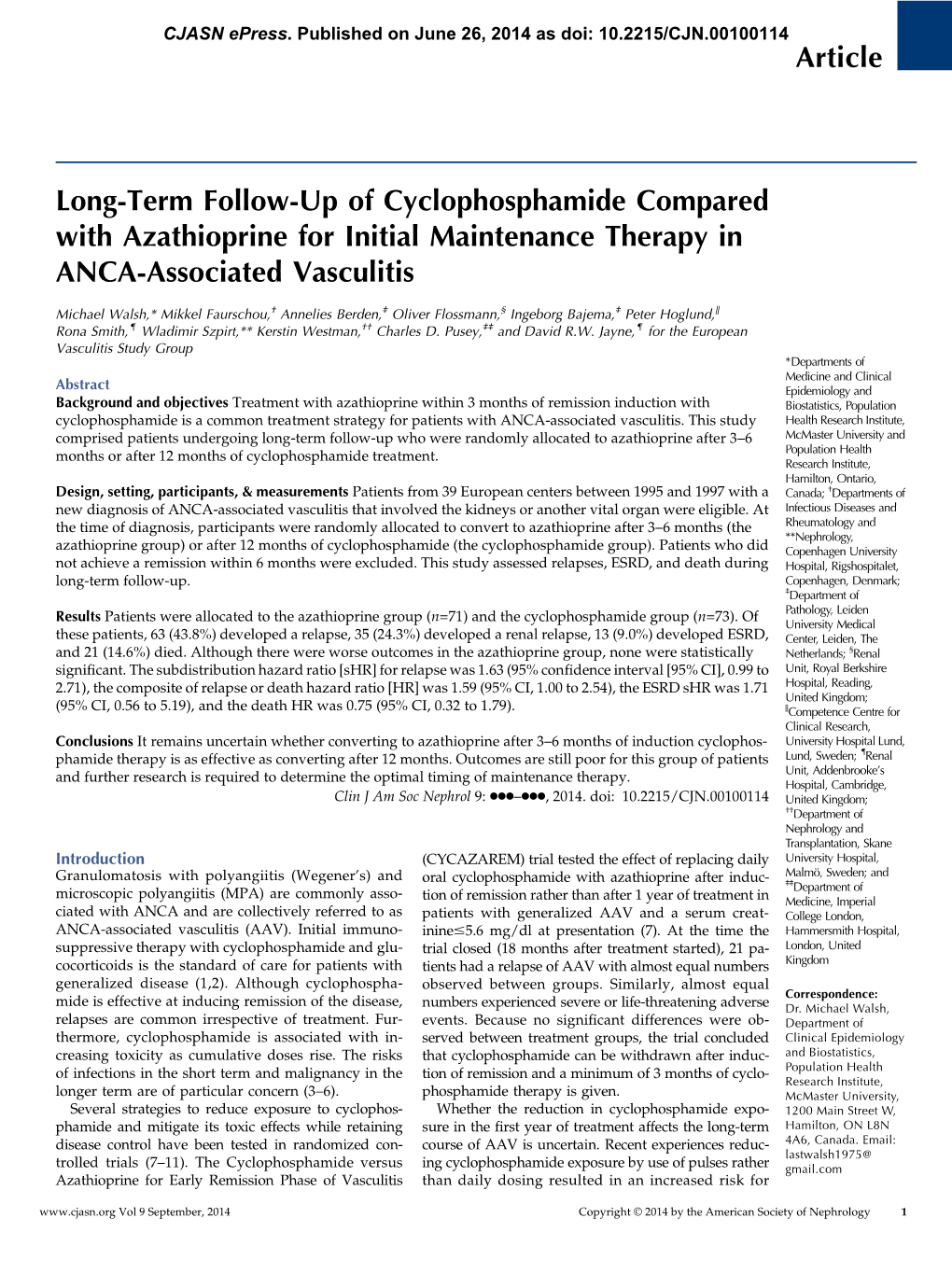 Article Long-Term Follow-Up of Cyclophosphamide Compared with Azathioprine for Initial Maintenance Therapy in ANCA-Associated Va