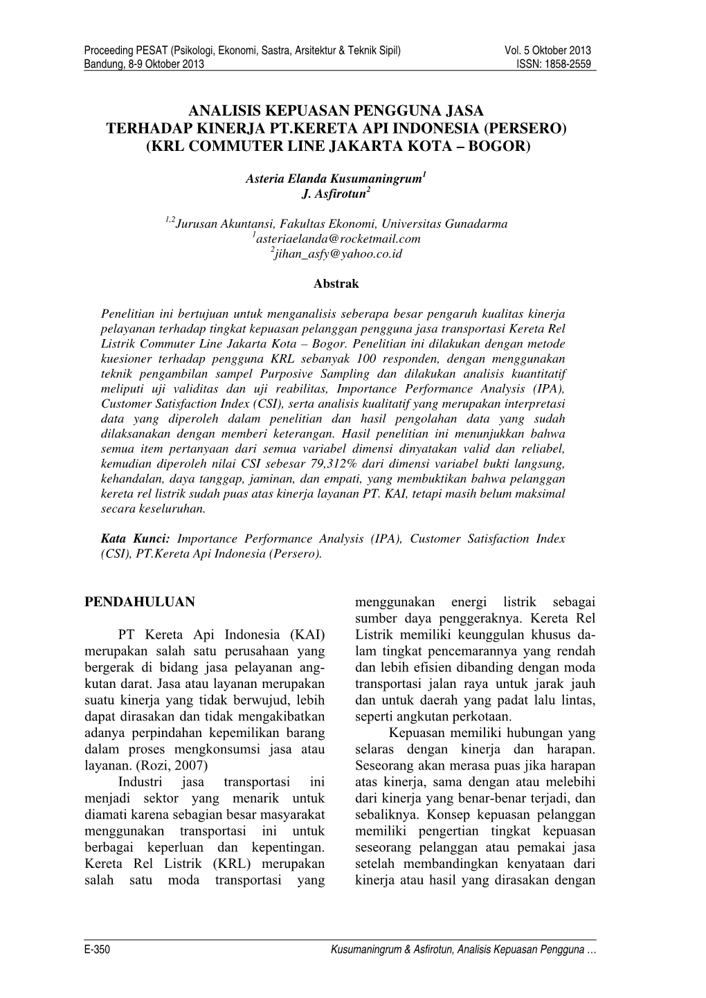 Analisis Kepuasan Pengguna Jasa Terhadap Kinerja Pt.Kereta Api Indonesia (Persero) (Krl Commuter Line Jakarta Kota – Bogor)