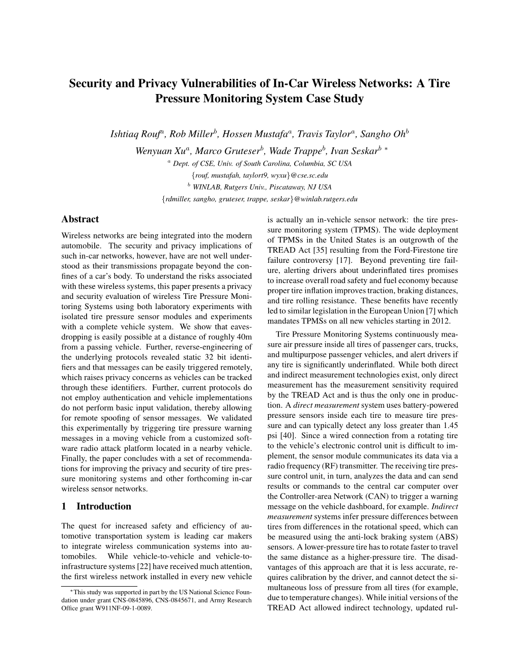 Security and Privacy Vulnerabilities of In-Car Wireless Networks: a Tire Pressure Monitoring System Case Study