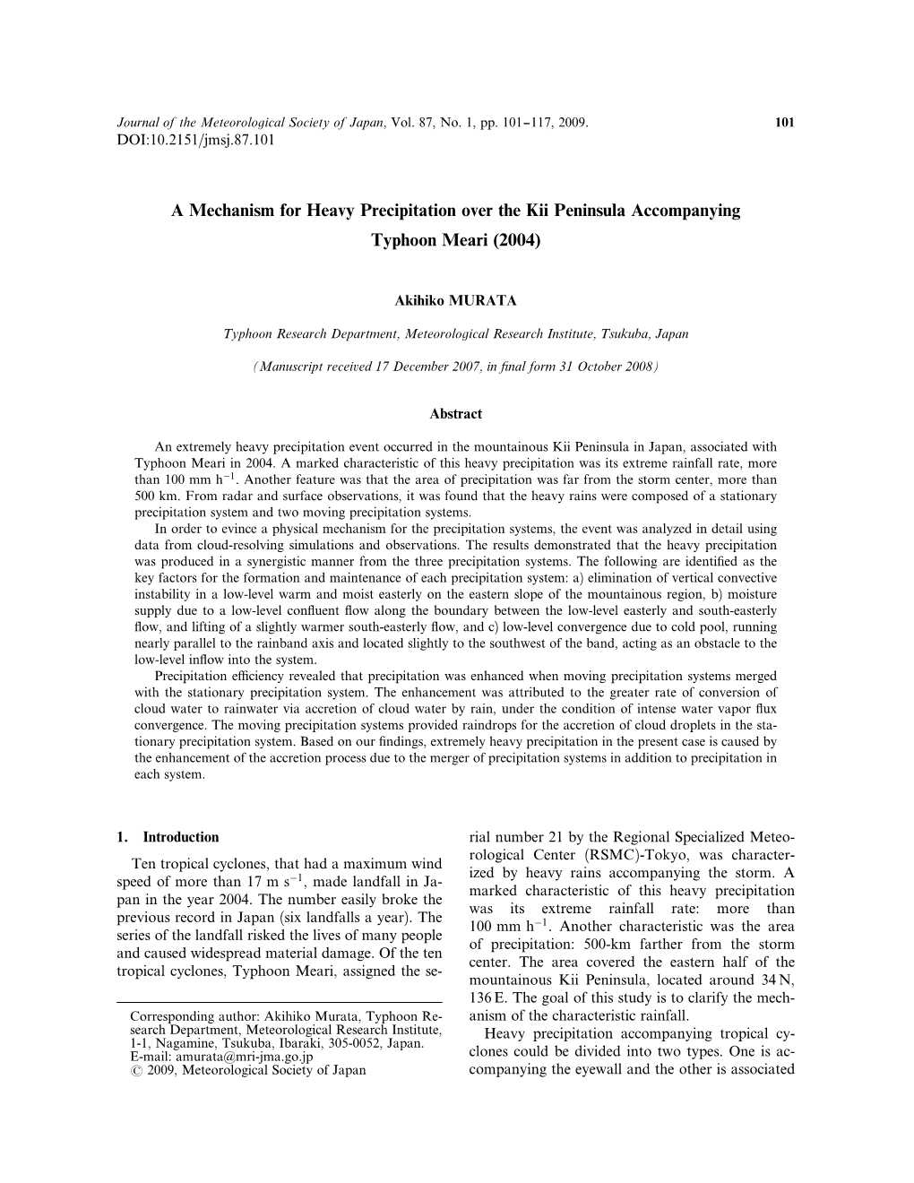 A Mechanism for Heavy Precipitation Over the Kii Peninsula Accompanying Typhoon Meari (2004)