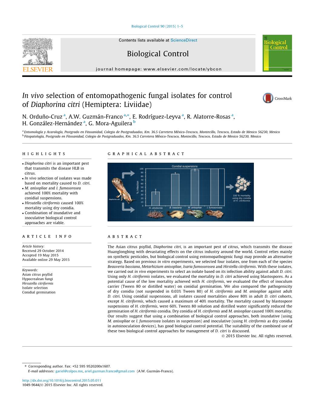 In Vivo Selection of Entomopathogenic Fungal Isolates for Control of Diaphorina Citri (Hemiptera: Liviidae) ⇑ N