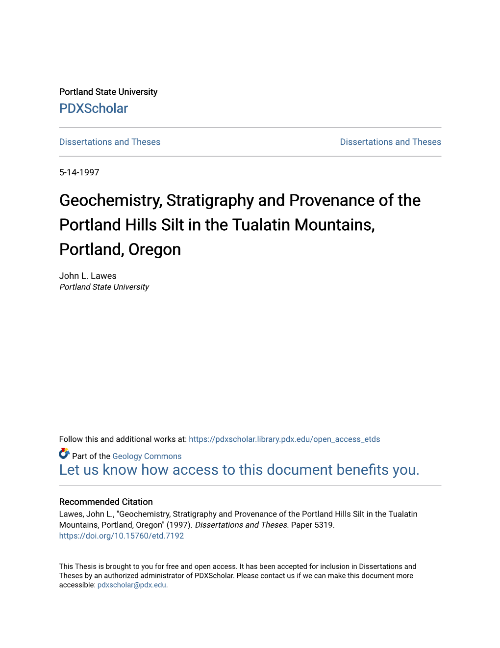 Geochemistry, Stratigraphy and Provenance of the Portland Hills Silt in the Tualatin Mountains, Portland, Oregon