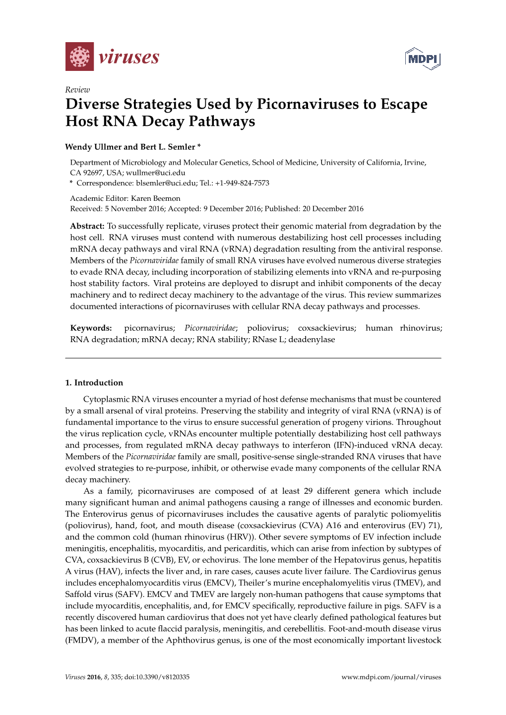 Diverse Strategies Used by Picornaviruses to Escape Host RNA Decay Pathways