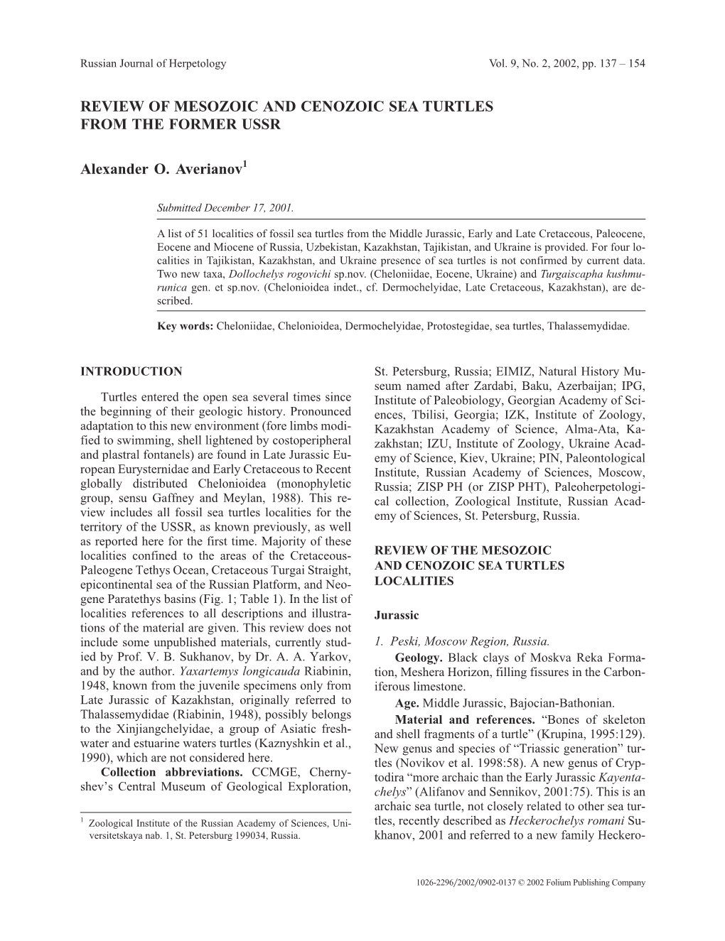 Review of Mesozoic and Cenozoic Sea Turtles from the Former Ussr