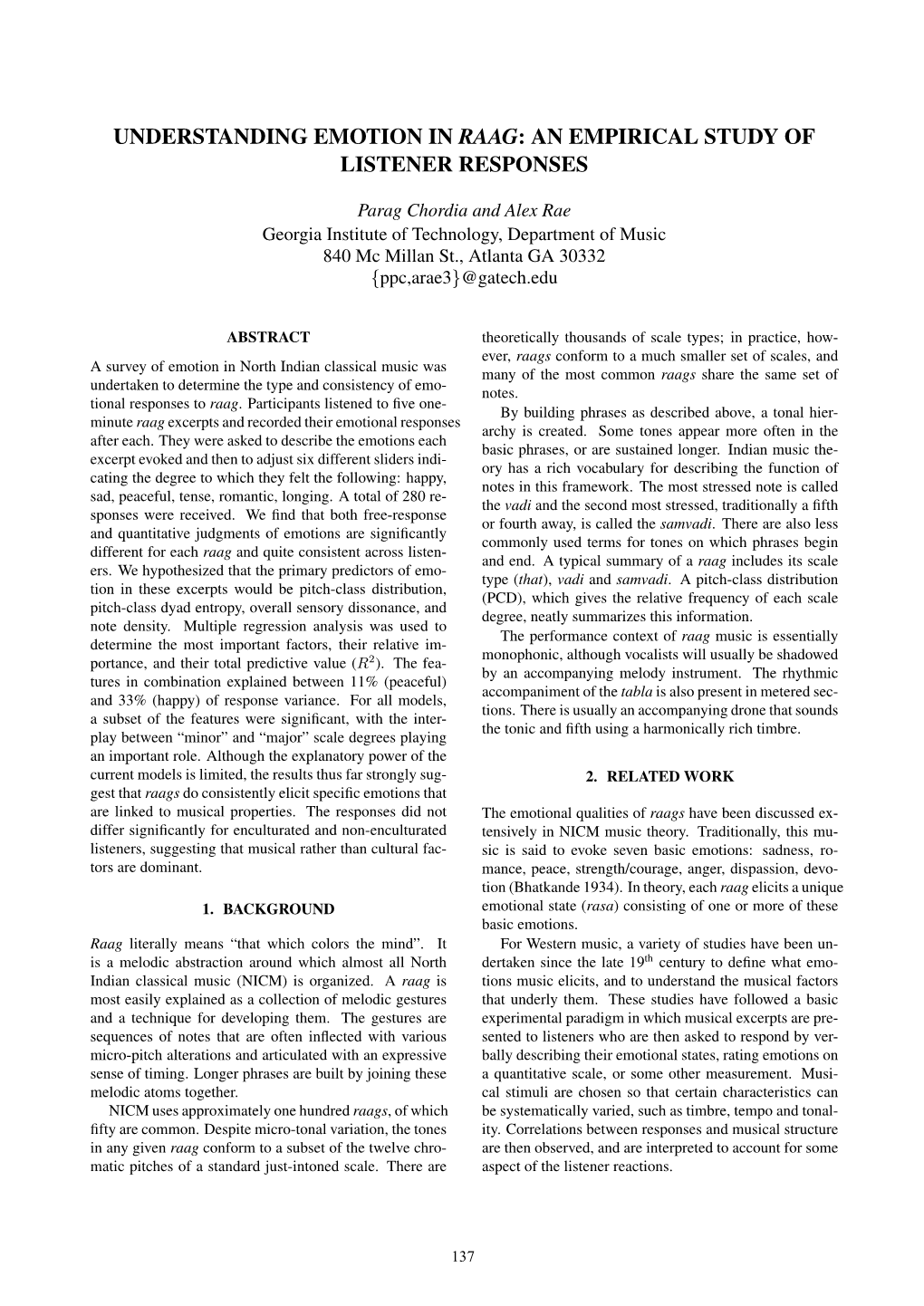 Understanding Emotion in Raag: an Empirical Study of Listener Responses