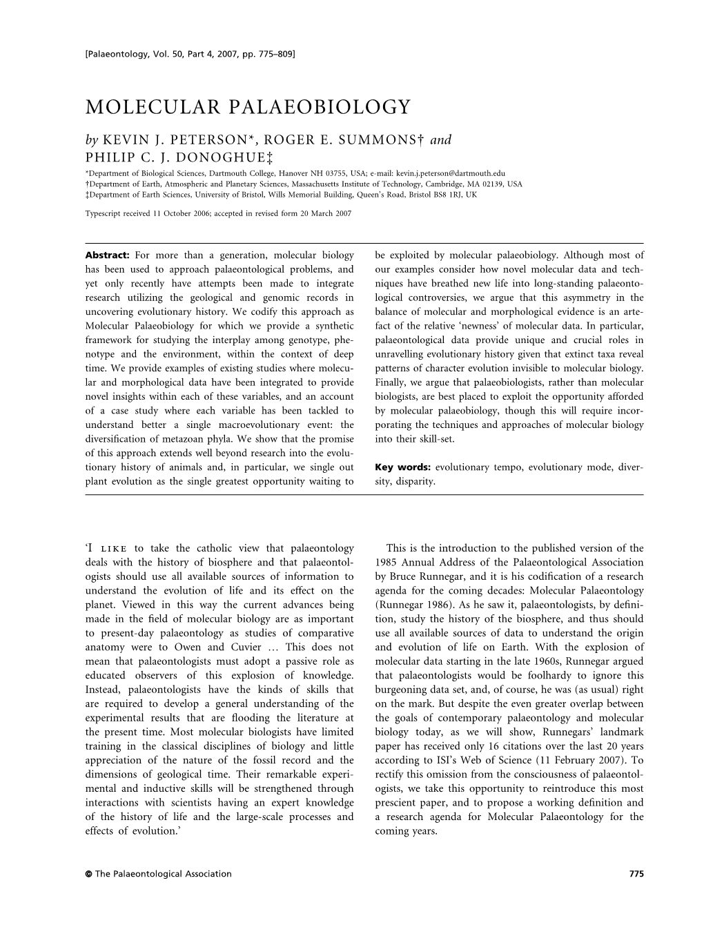 MOLECULAR PALAEOBIOLOGY by KEVIN J