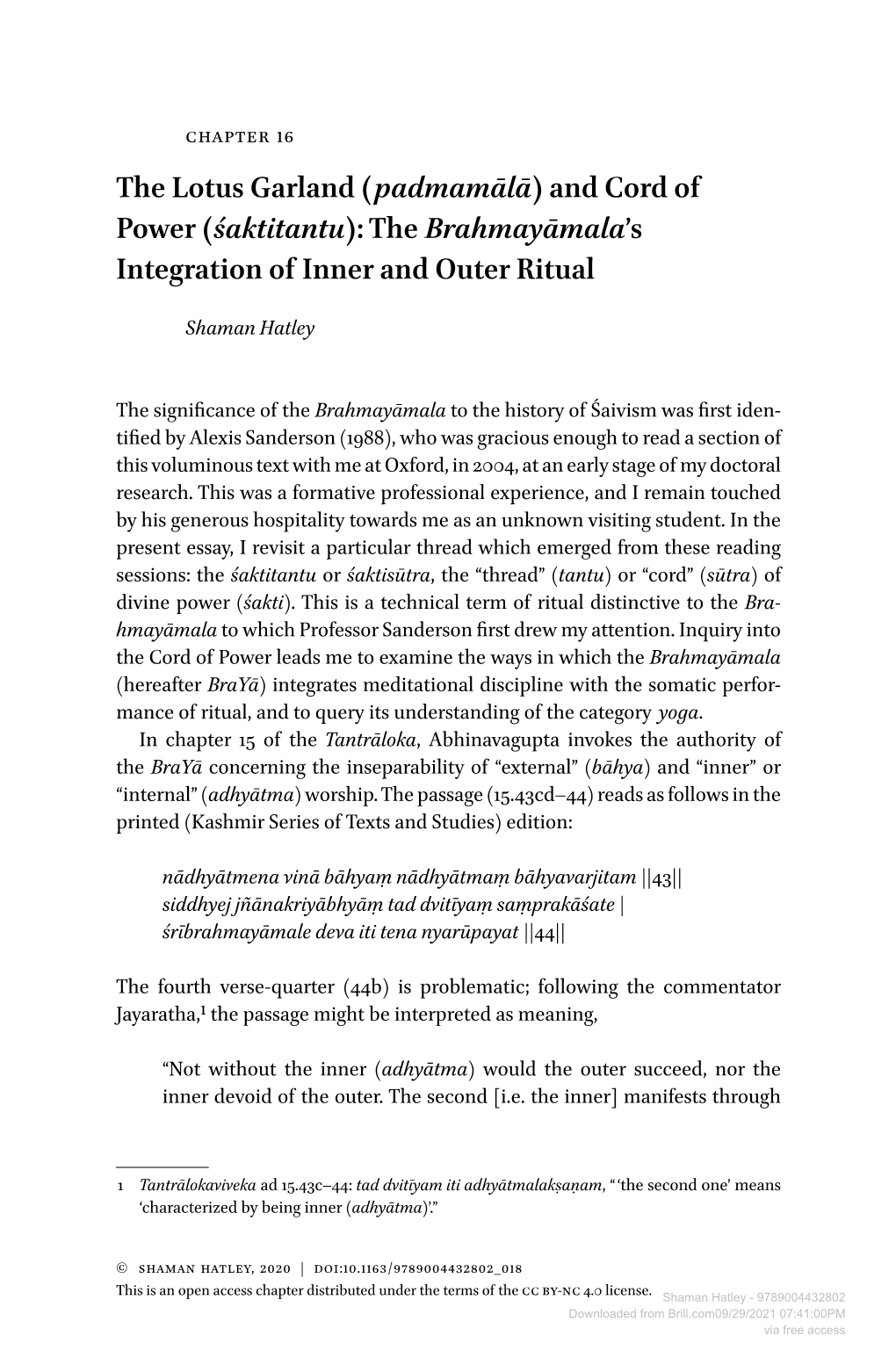 The Lotus Garland (Padmamālā) and Cord of Power (Śaktitantu): the Brahmayāmala’S Integration of Inner and Outer Ritual