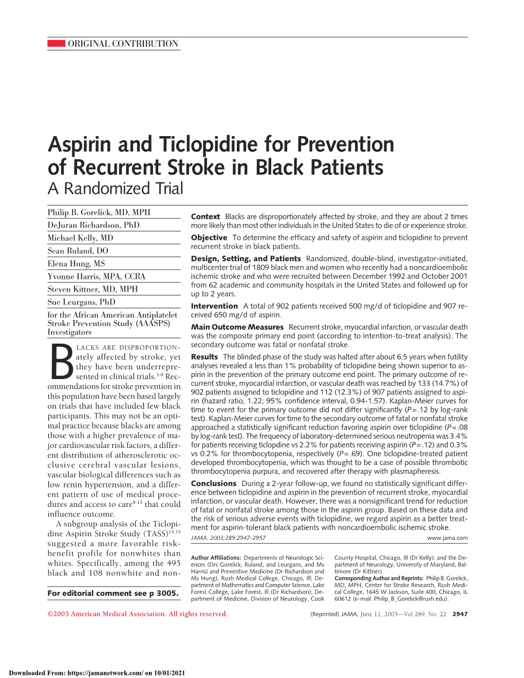 Aspirin and Ticlopidine for Prevention of Recurrent Stroke in Black Patients a Randomized Trial