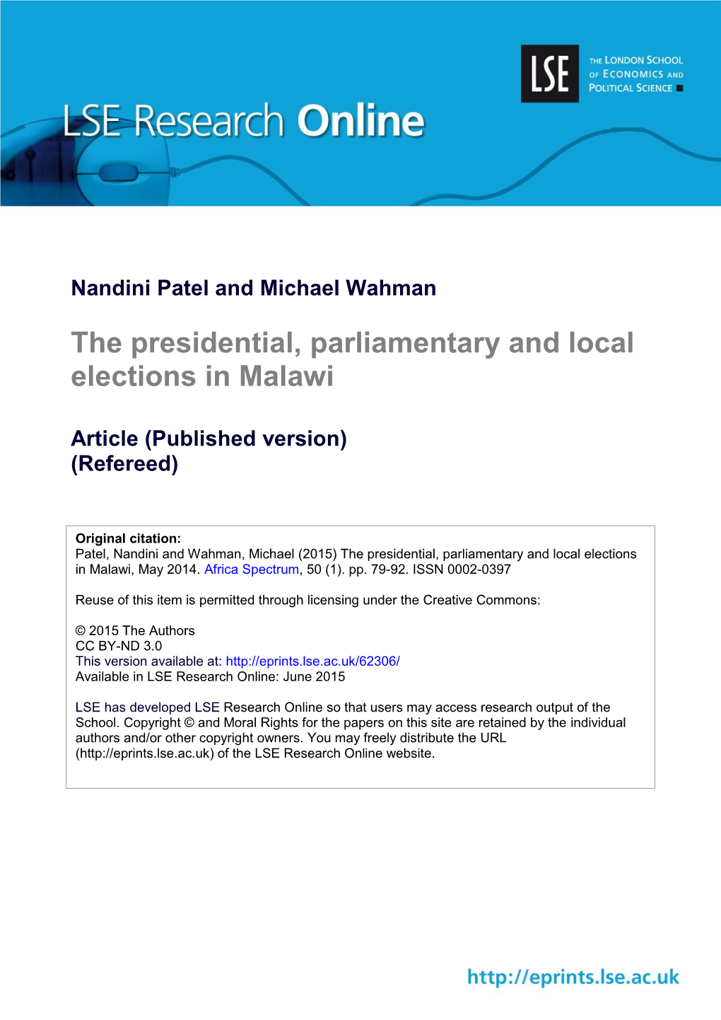 The Presidential, Parliamentary and Local Elections in Malawi