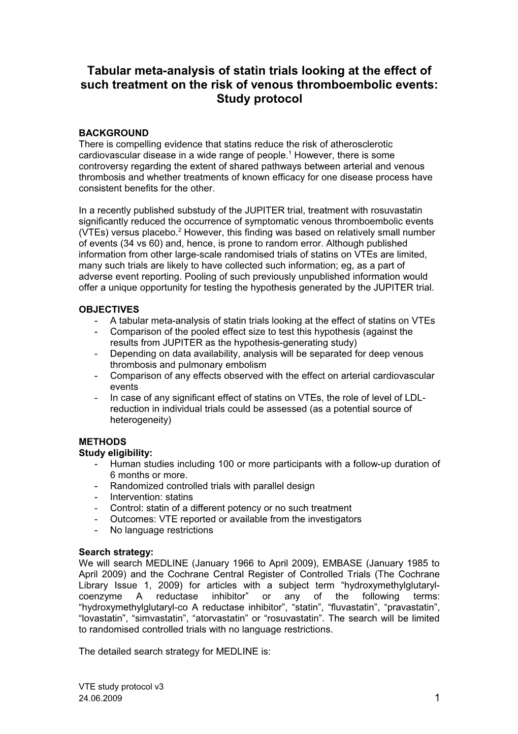 Protocol for a Tabular Meta-Analysis of Statins and Thrombembolic Events