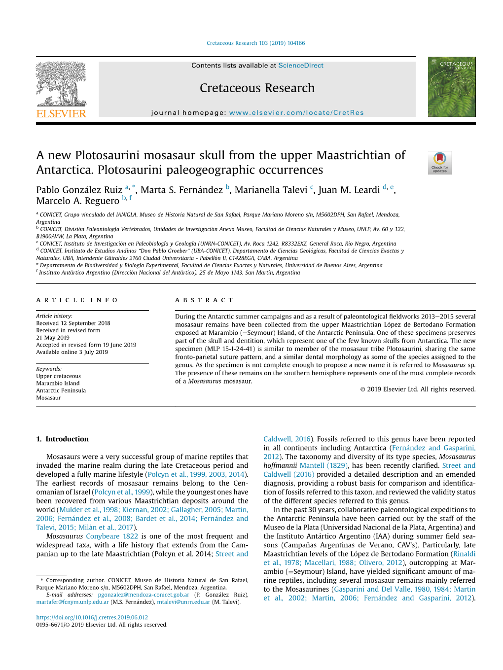 A New Plotosaurini Mosasaur Skull from the Upper Maastrichtian of Antarctica