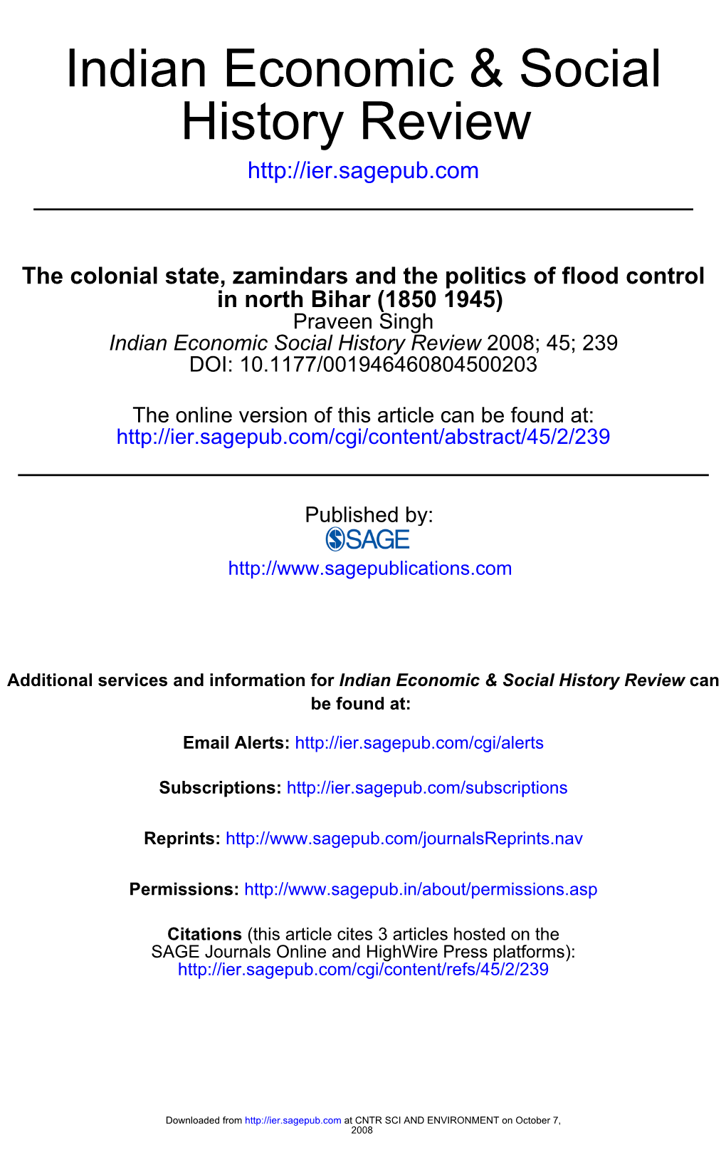 The Colonial State, Zamindars and the Politics of Flood Control in North Bihar
