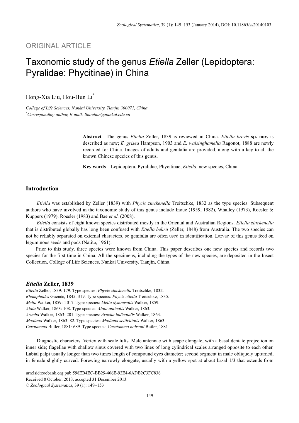 Taxonomic Study of the Genus Etiella Zeller (Lepidoptera: Pyralidae: Phycitinae) in China