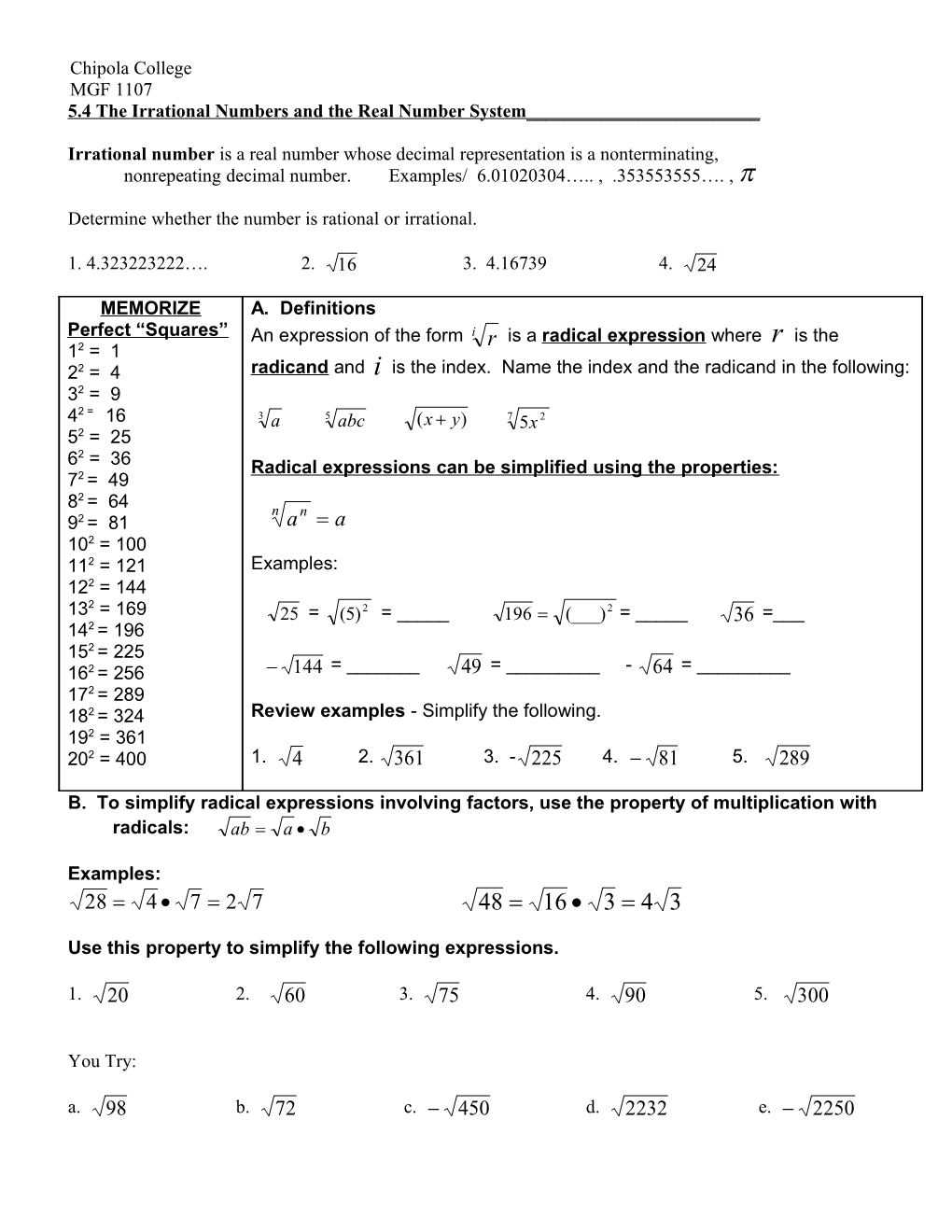 5.4 the Irrational Numbers and the Real Number System______