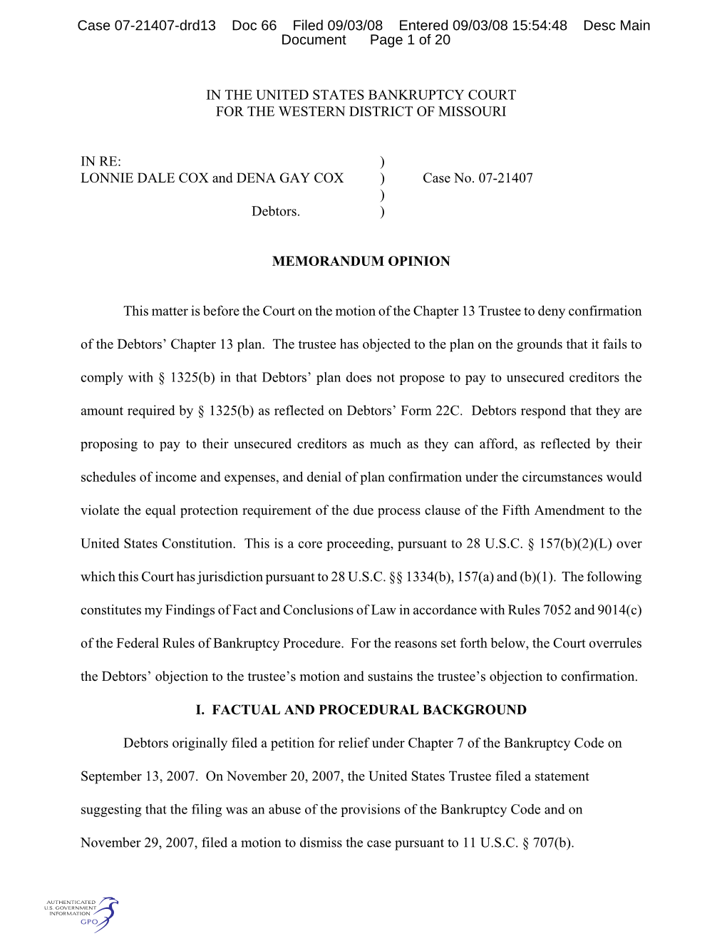 Case 07-21407-Drd13 Doc 66 Filed 09/03/08 Entered 09/03/08 15:54:48 Desc Main Document Page 1 of 20