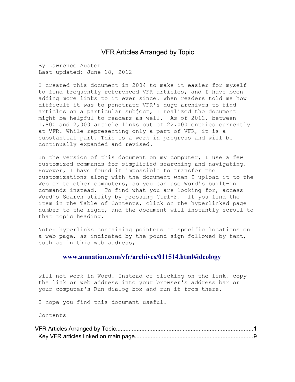 VFR Articles Arranged By Topic