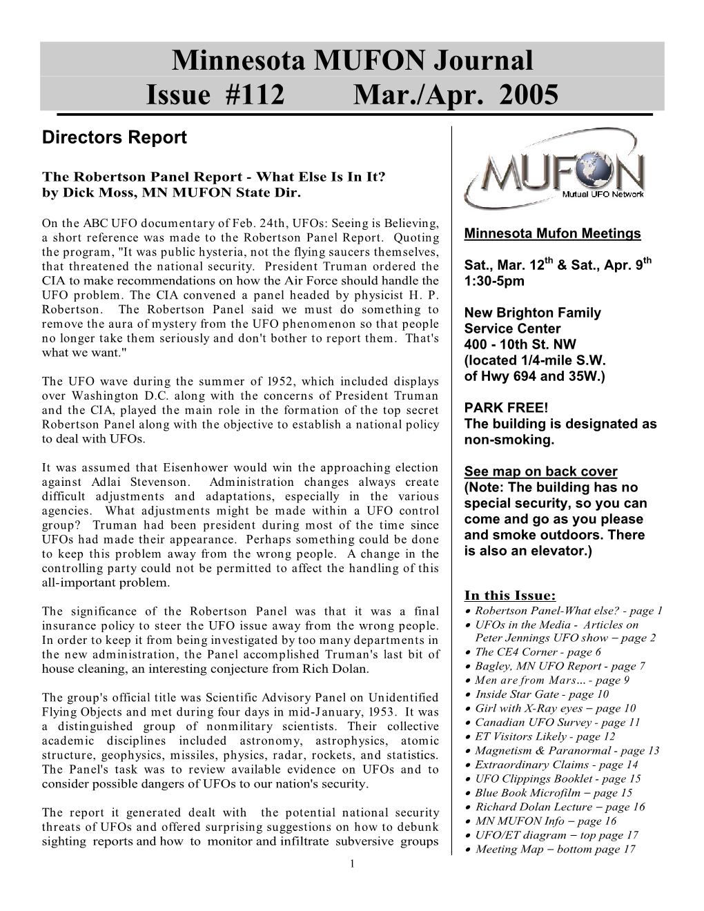 Minnesota MUFON Journal Issue #112 Mar./Apr. 2005