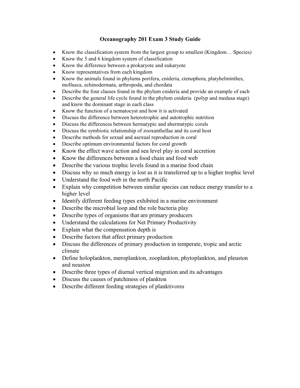 Oceanography 201 Exam 2 Study Guide