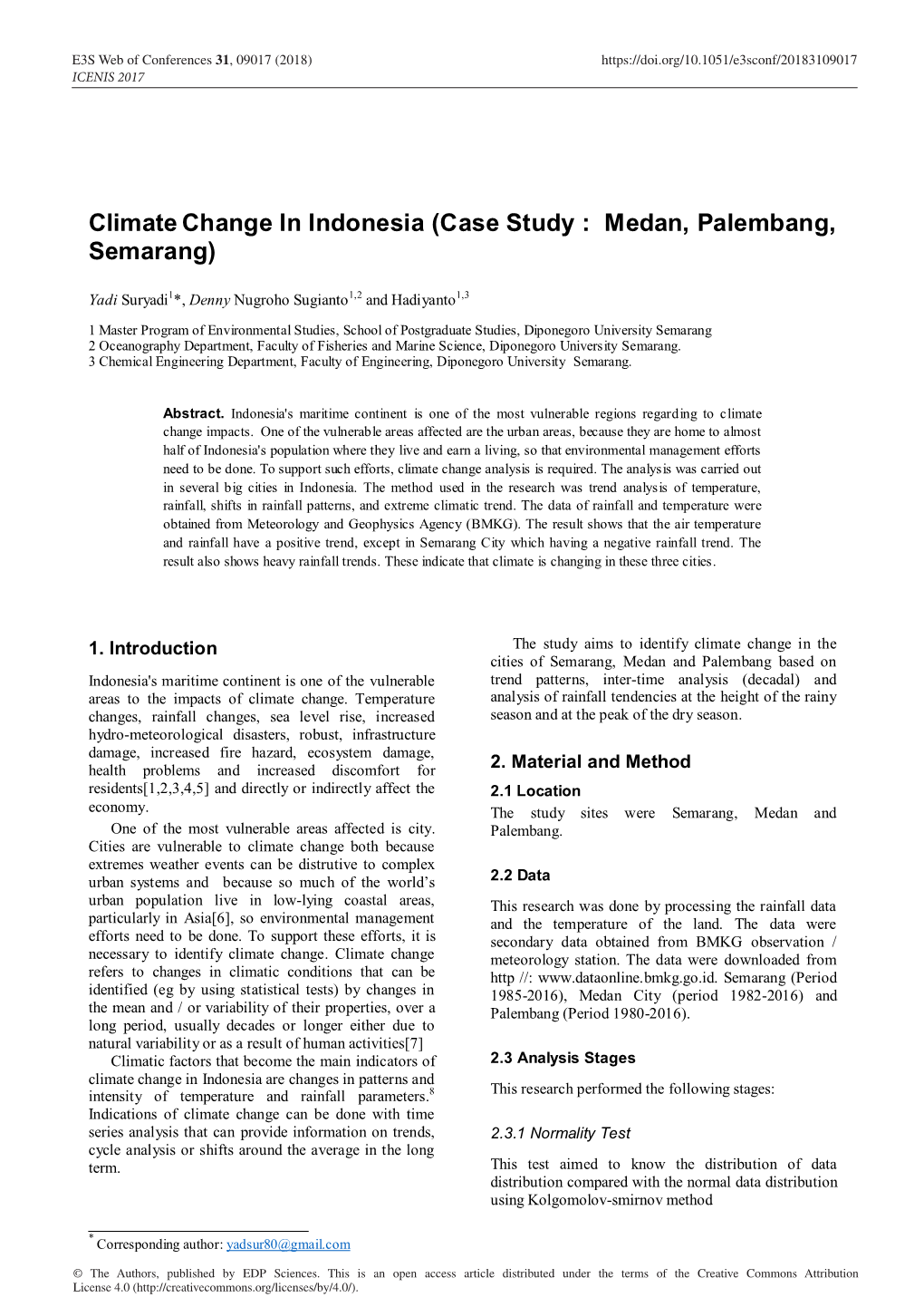 Climate Change in Indonesia (Case Study : Medan, Palembang, Semarang)