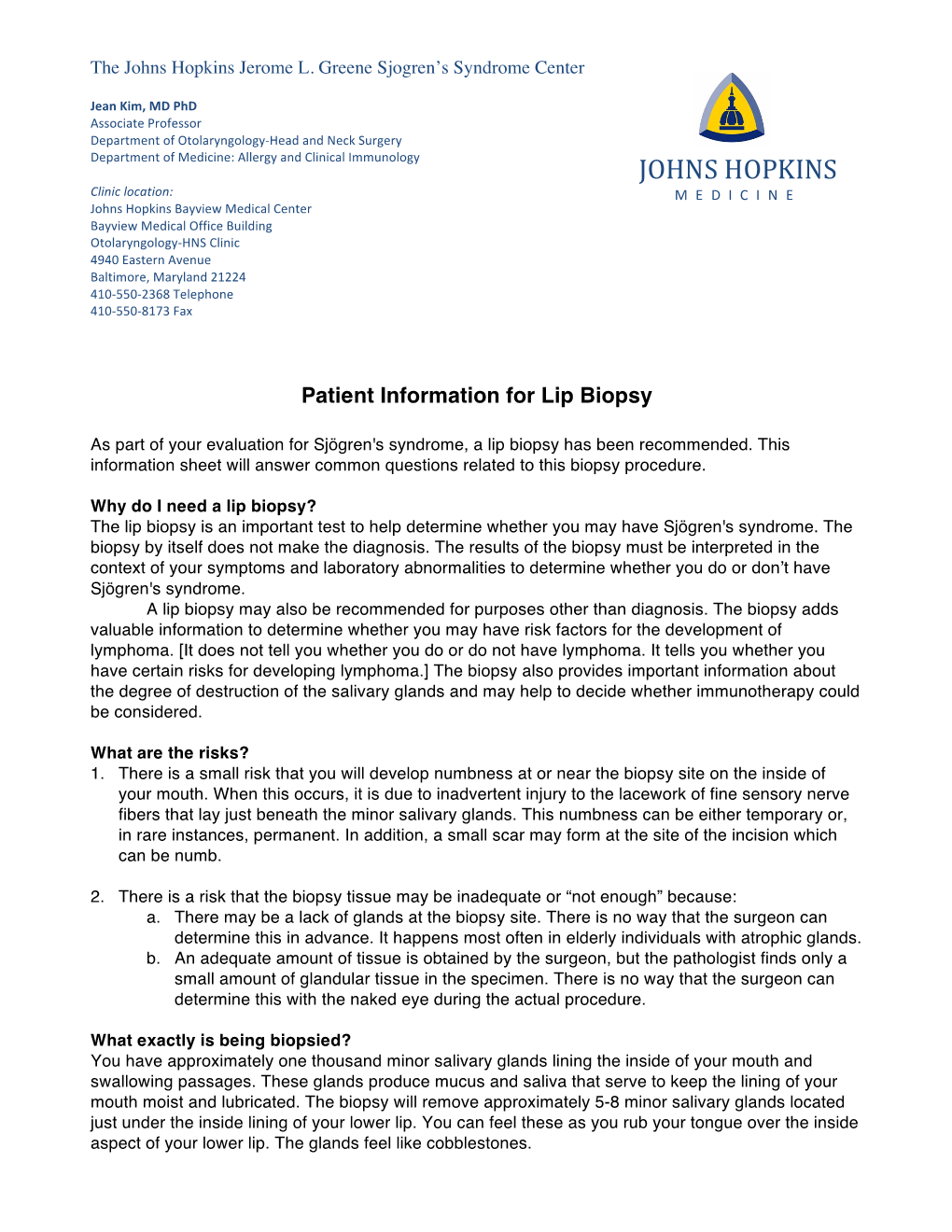 Jkim Edit 121517 Patient Information for Lip Biopsy