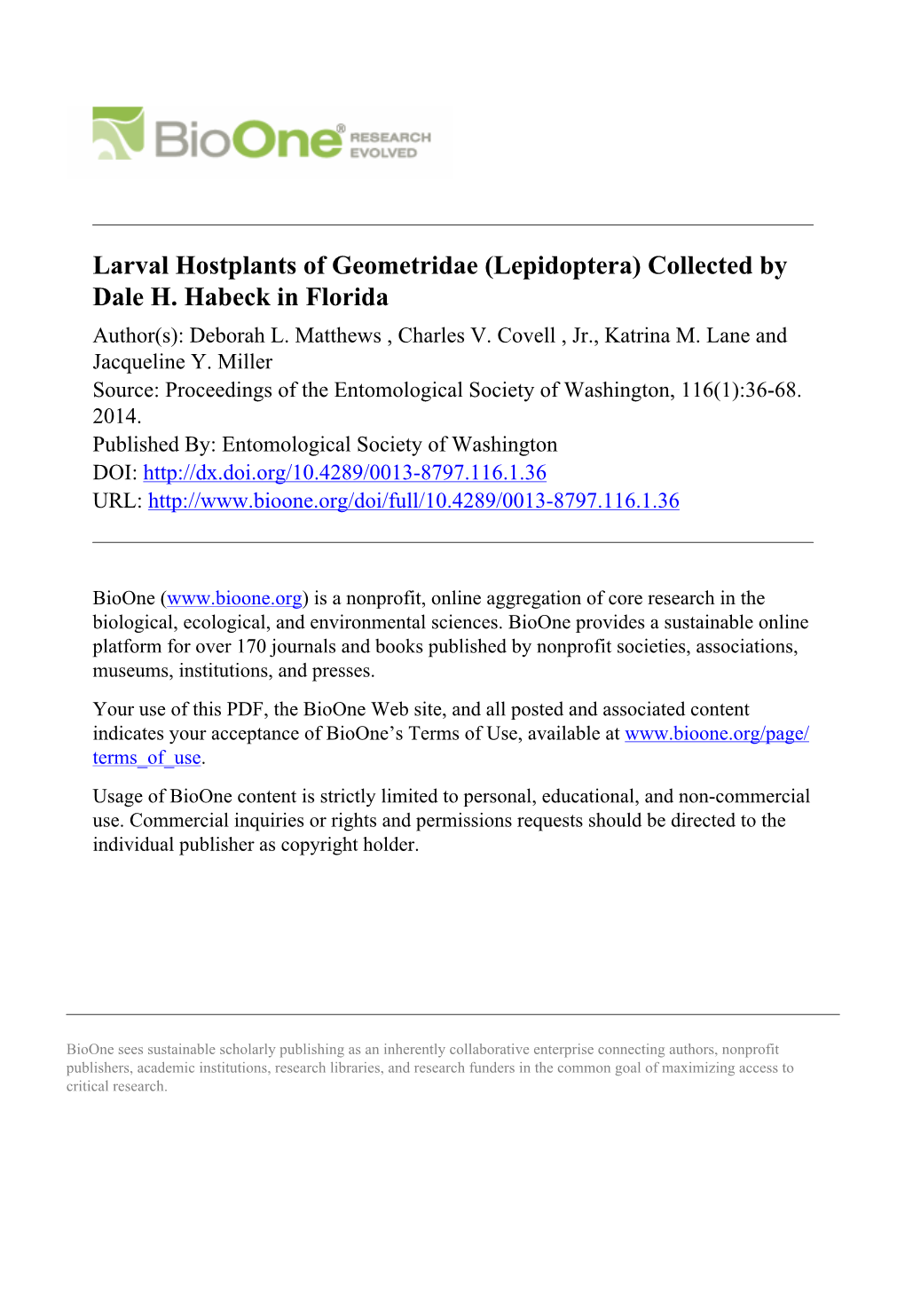 Larval Hostplants of Geometridae (Lepidoptera) Collected by Dale H