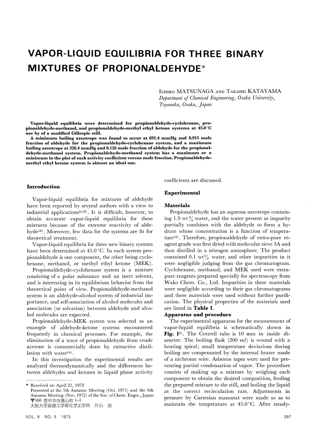 Vapor-Liquid Equilibria for Three Binary Mixtures of Propionaldehyde*