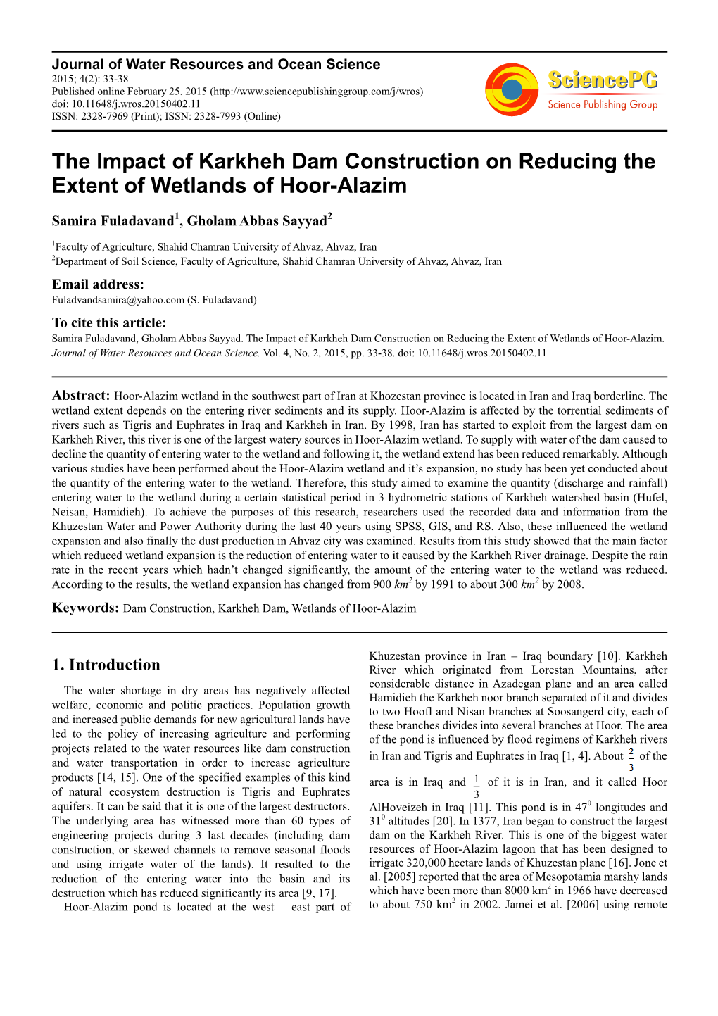 The Impact of Karkheh Dam Construction on Reducing the Extent of Wetlands of Hoor-Alazim